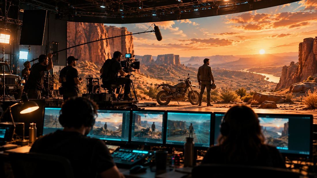 An LED volume stage mid-take with a desert canyon on the wall.
