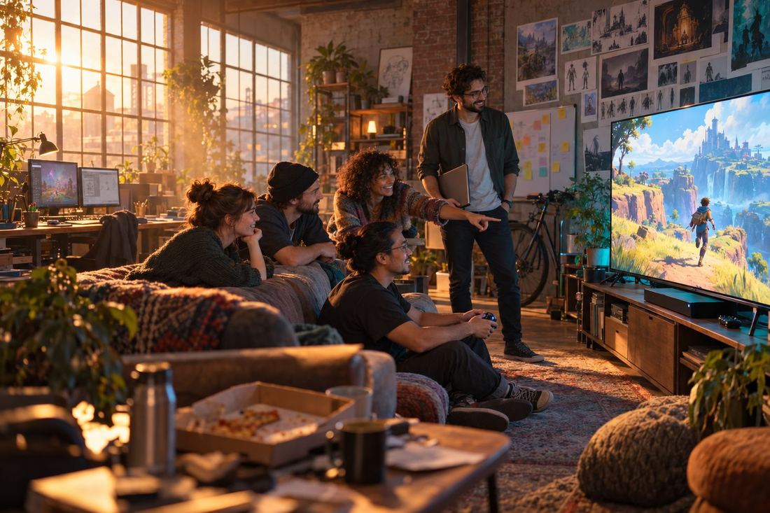 A small indie team laughing together while one of them plays their game on a big TV.