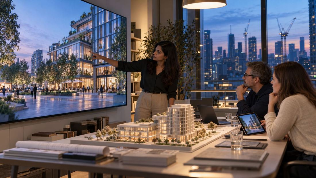 An architect presents a live 3D walkthrough of a building to two clients.