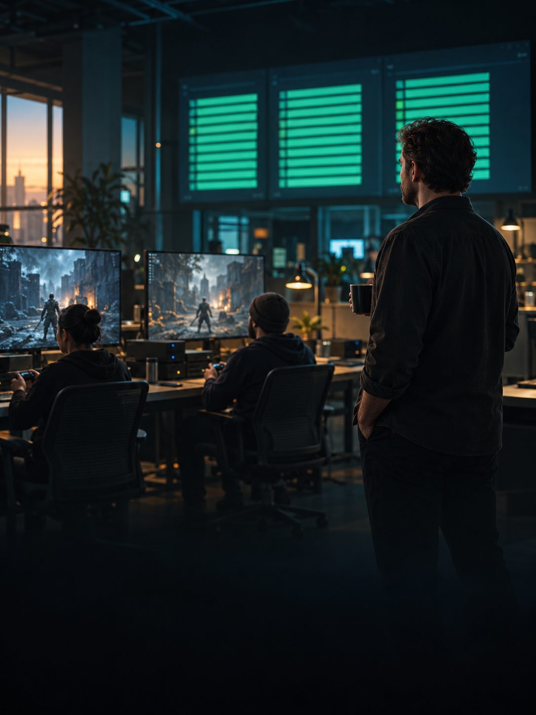 A technical director with a coffee watches every build finish green while QA plays the new build on devkits.