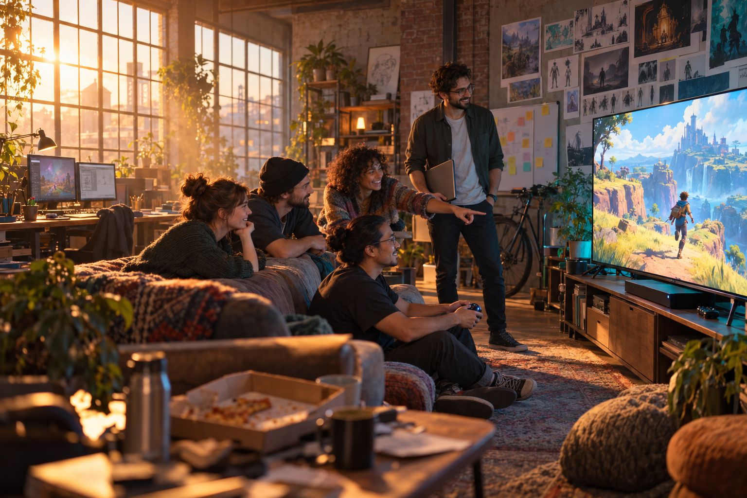 A small indie team in a sunlit loft, laughing on the sofa and floor while one of them plays their colorful adventure game on a big TV.