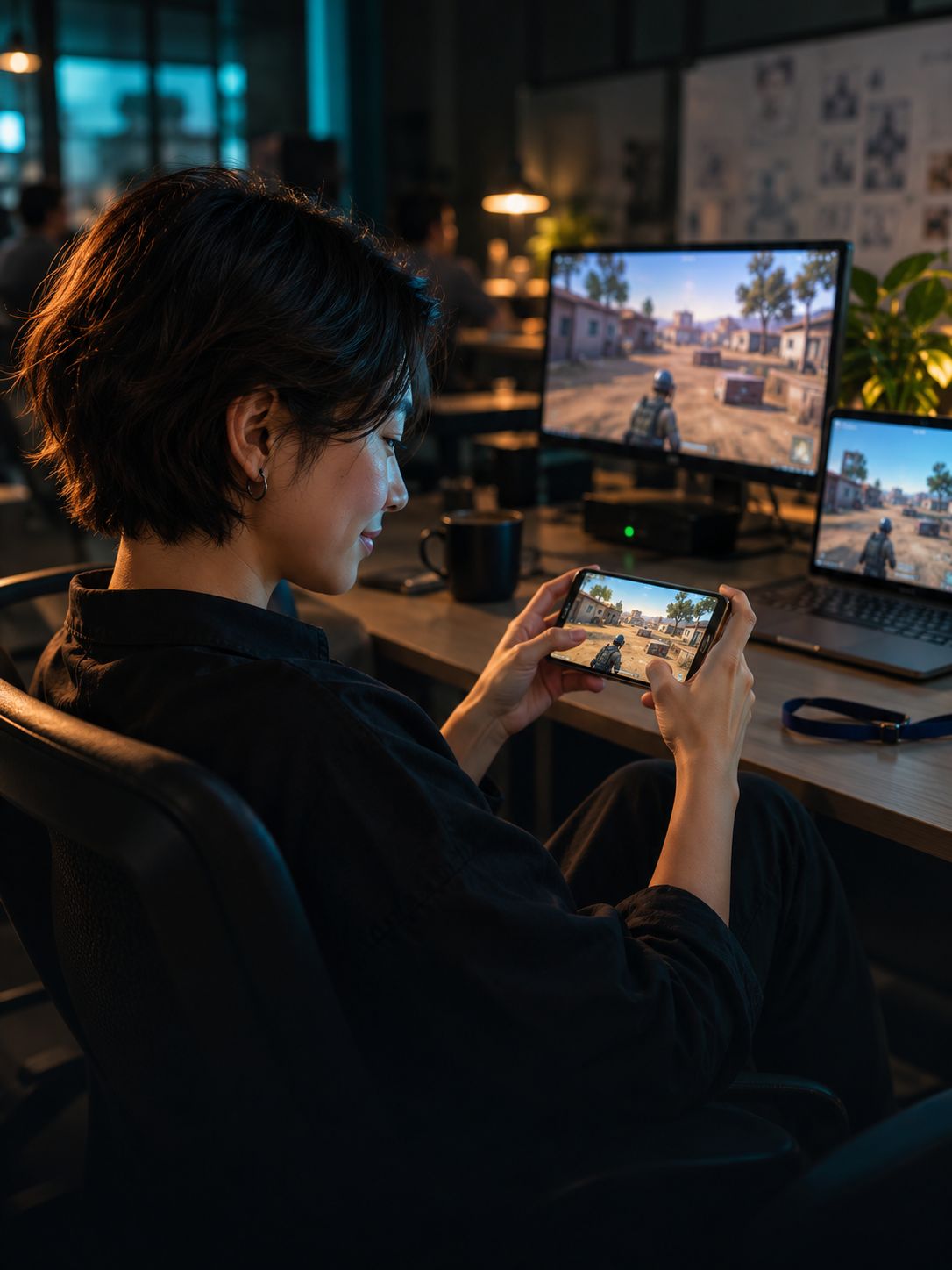 A technical director plays the studio's shooter on a phone held sideways.