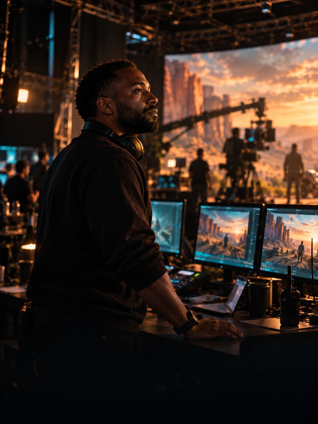 A virtual production supervisor at the control desk, headphones round his neck, looking up at the LED wall.